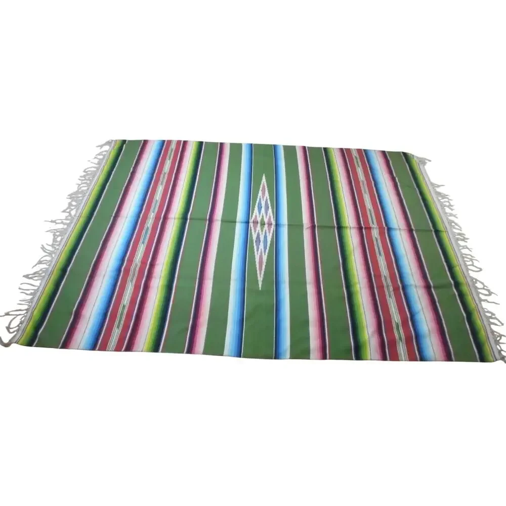 Serape Saltillo Mexican Multi Colored Fringe Wool Blanket 91x62 1/2 Vintage